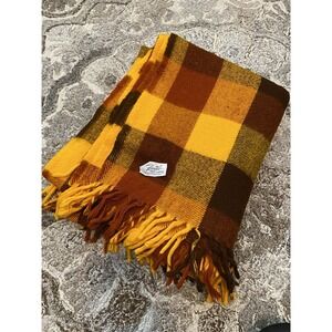 Vtg Faribo Wool Blanket 53 X 67 Fringe Yellow Orange Football Retro Tailgate